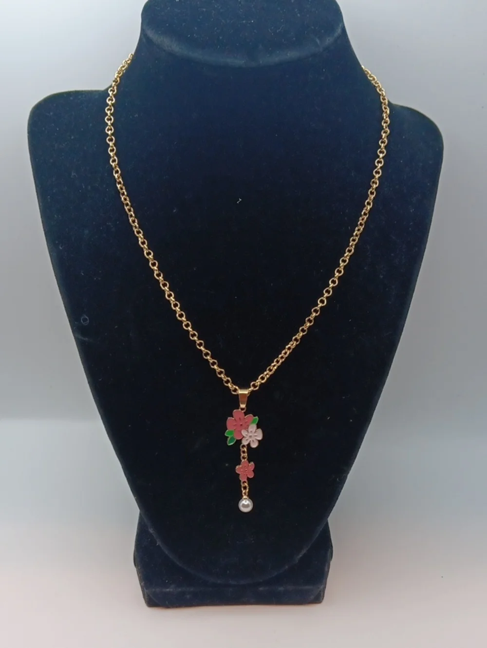 Handmade Gold Floral Pearl Drop Necklace & Earring Set - Pink and Green